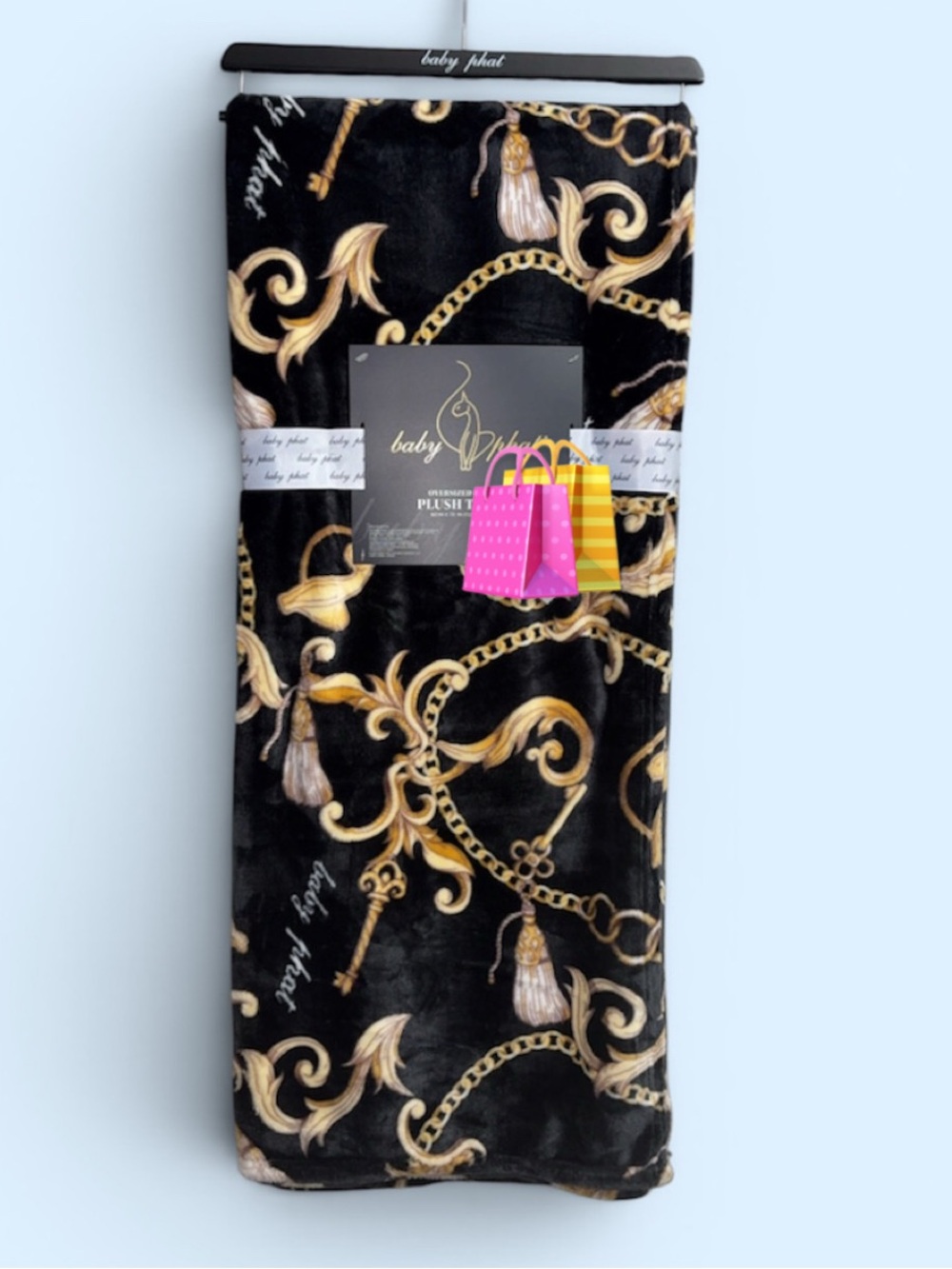 Baby Phat Black and Gold Plush Throw Blanket with Chain & Tassel Motif